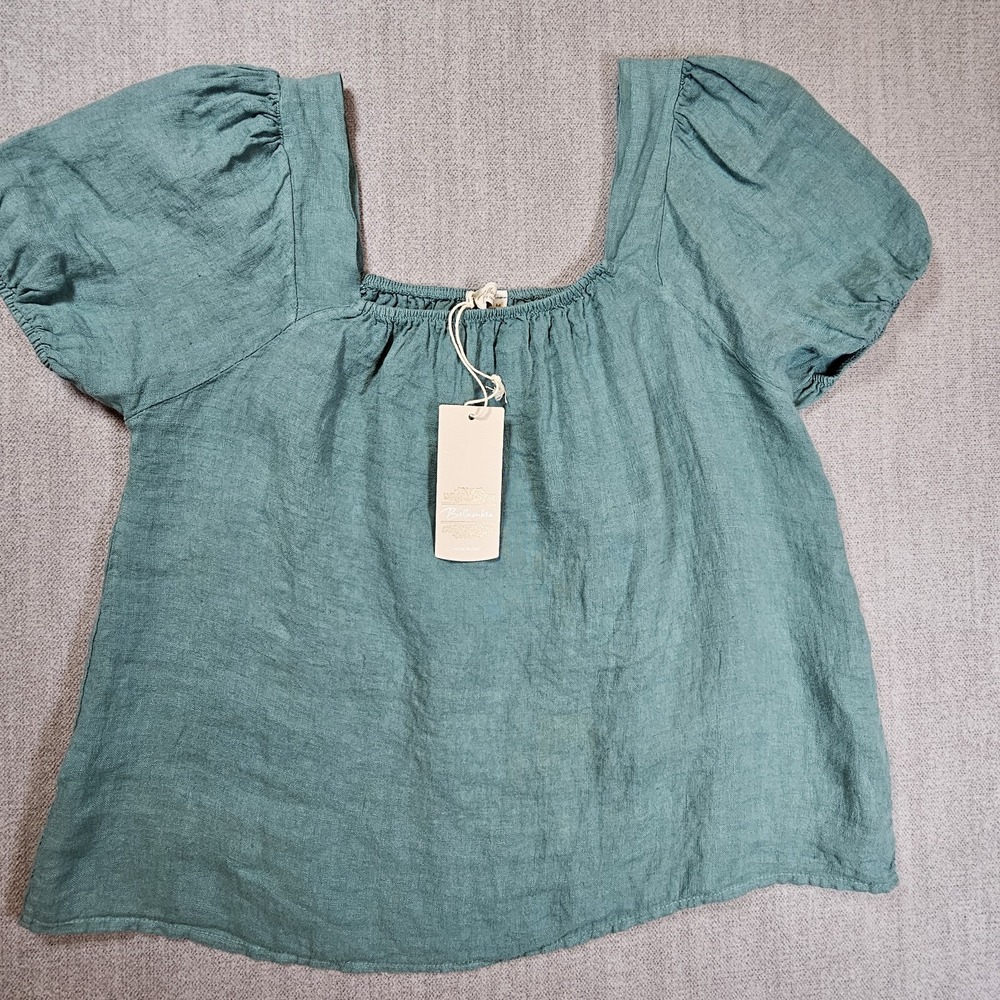 Bellambra Blouse Womens Medium Green 100% Linen Square Neck Short Sleeve Coastal - Picture 3 of 11